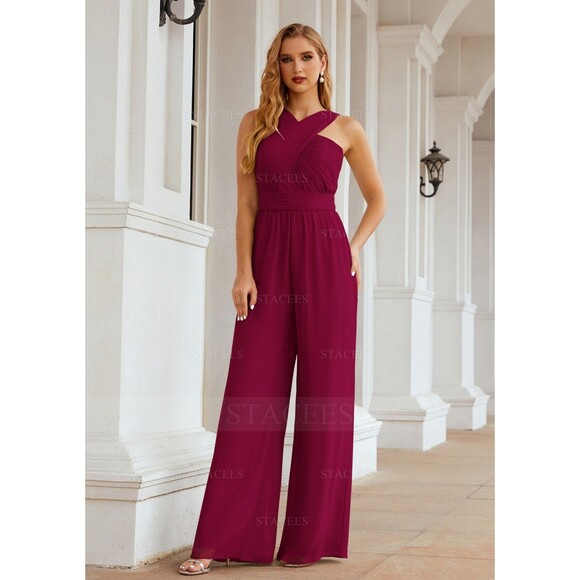 Stacees Halter Jumpsuit Chiffon Long/Floor-Length Wedding Party Dress  NWT  16 - Picture 5 of 15